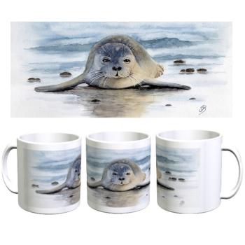 Tasse Becher Kaffeebecher  Aquarell Maritim Kunst Druck Kunstdruck Seehund auf Bauch Robbe Heuler Kegelrobbe Dänemark Nordsee Ostsee